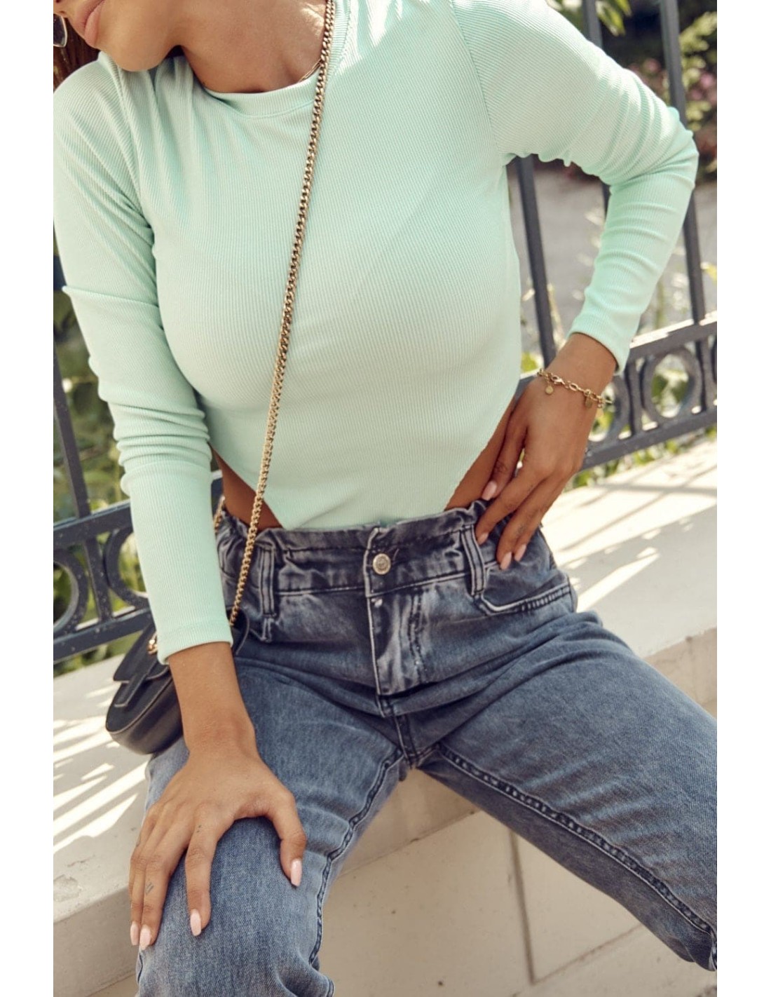 Ribbed bodysuit with long sleeves, mint FG599 - Online store - Boutique